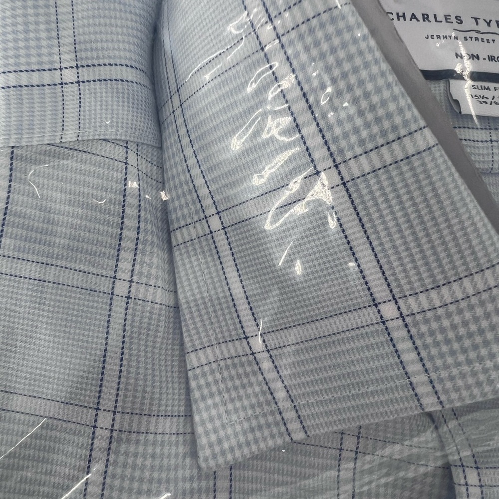 Charles tyrwhitt light blue pow check no-iron twill slim fit shirt 15.5/34in - Picture 6 of 11